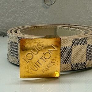 Louis Vuitton Beige Checkered Belt with Gold Buckle